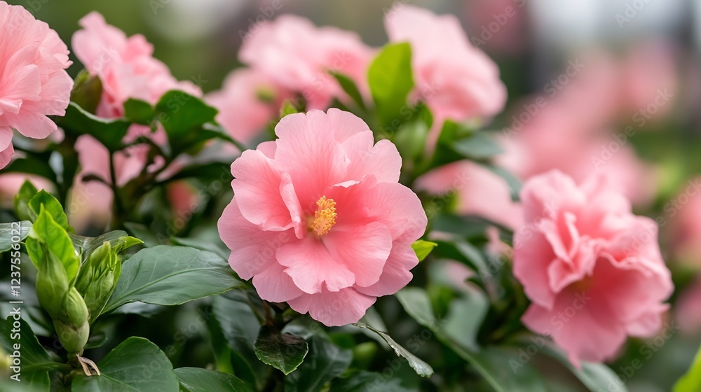 CloseUp of Pink Hibiscus Flowers in Lush Greenery Captured in Blooming Garden : Generative AI CloseUp of Pink Hibiscus Flowers in Lush Greenery Captured in Blooming Garden : Generative AI