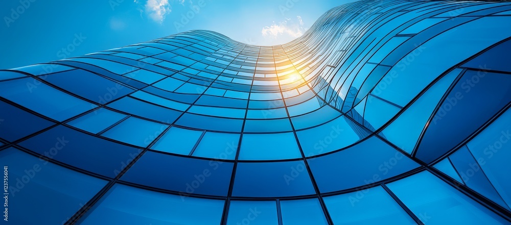 Naklejka premium Modern skyscraper, blue glass facade, sunlight, city. Business, architecture