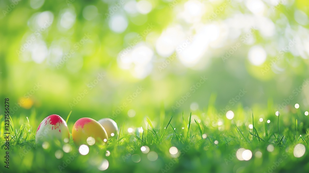 Obraz premium Colorful Painted Eggs on Fresh Grass, Morning Dew Drops Reflect Sunlight, Symbolizing Renewal and Joy of Spring