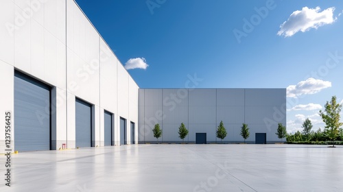 Modern warehouse loading docks, sunny day, clear sky