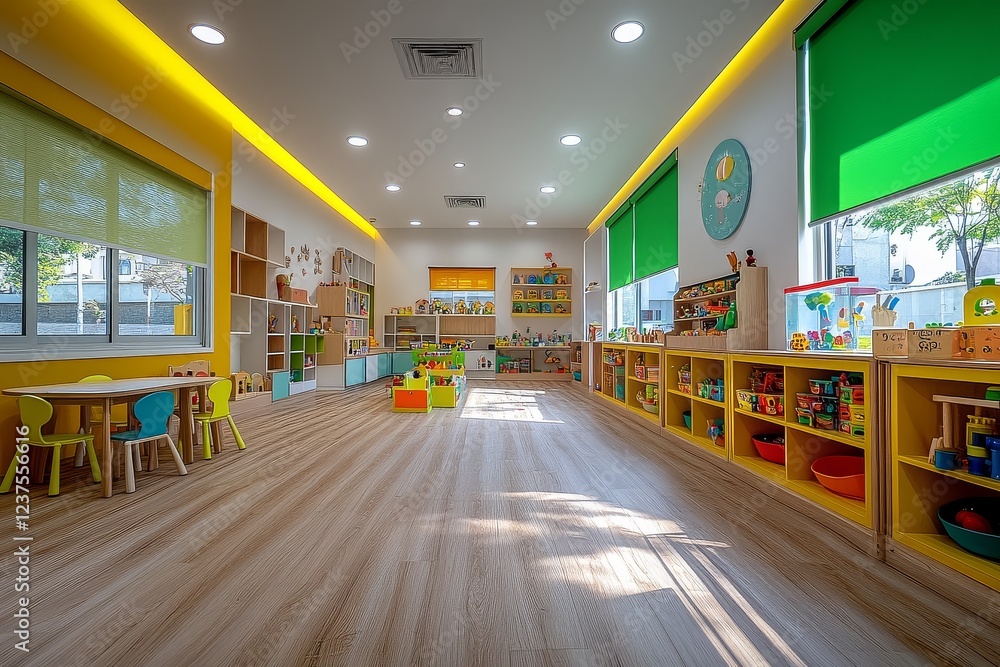 Bright and Empty Children's Playroom with White Walls, Green Window Shades, Yellow Frames, Pastel Furniture, and Wooden Flooring. Featuring Toys and Open Space. Bright and Empty Children's Playroom with White Walls, Green Window Shades, Yellow Frames, Pastel Furniture, and Wooden Flooring. Featuring Toys and Open Space.