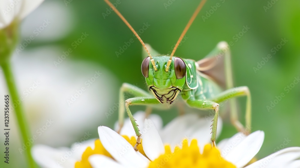 Fototapeta premium Green Grasshopper Perched on Daisy Flower in Natural Setting : Generative AI