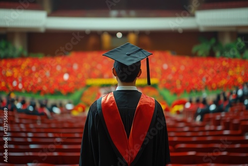 Graduate at ceremony facing a large audience in red seats, Generated AI photo