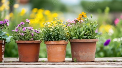 Wallpaper Mural Colorful Floral Arrangement in Terracotta Pots on Wooden Table Outdoors : Generative AI Torontodigital.ca