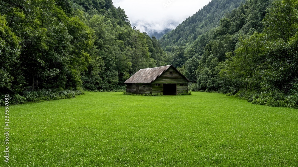Rustic cabin nestled in verdant valley, mountain backdrop; idyllic nature scene Rustic cabin nestled in verdant valley, mountain backdrop; idyllic nature scene