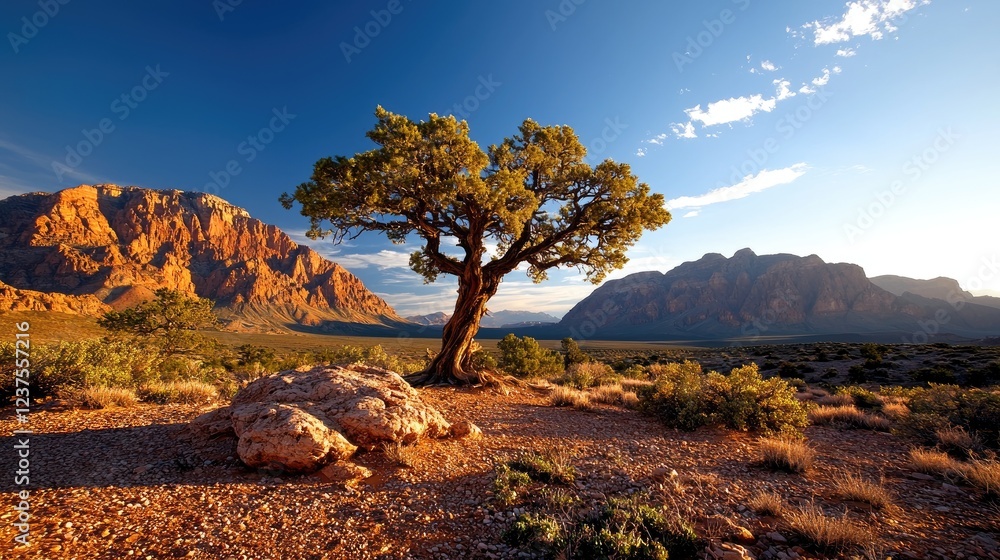 Lone tree desert sunset, red rock mountains background, nature landscape, scenic wallpaper Lone tree desert sunset, red rock mountains background, nature landscape, scenic wallpaper