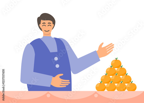 Friendly merchant offering oranges at traditional market