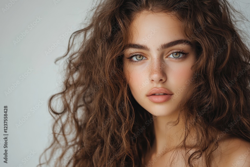 Photo of a stunning model with long curly brown locks Attractive young woman poses in studio Photo of a stunning model with long curly brown locks Attractive young woman poses in studio