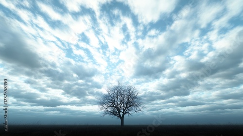 Lone Tree in Winter Silhouette Against a Dramatic Cloudy Sky : Generative AI photo