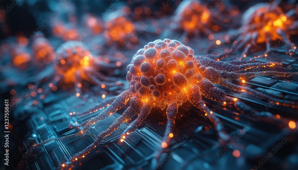 Obraz premium Neural Network Nodes Connecting with Glowing Data Flow on Circuit Board