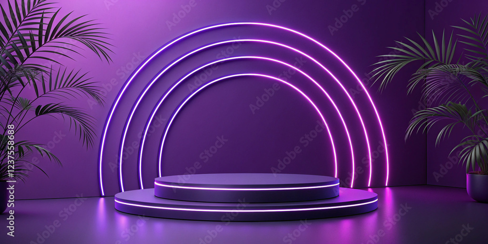 Fototapeta premium A Futuristic Purple Neon Podium for Product Display and Presentation