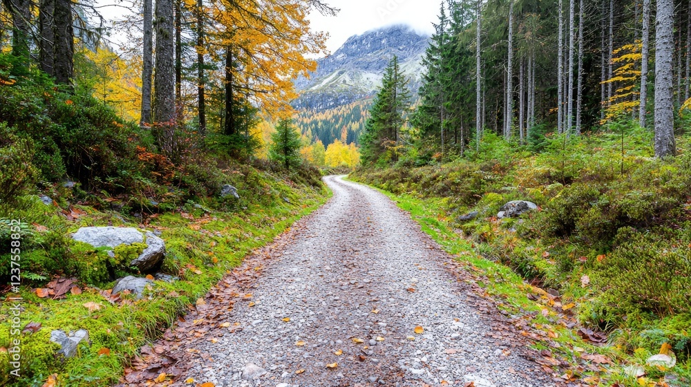 Fototapeta premium Autumnal forest path, mountains backdrop, nature hike