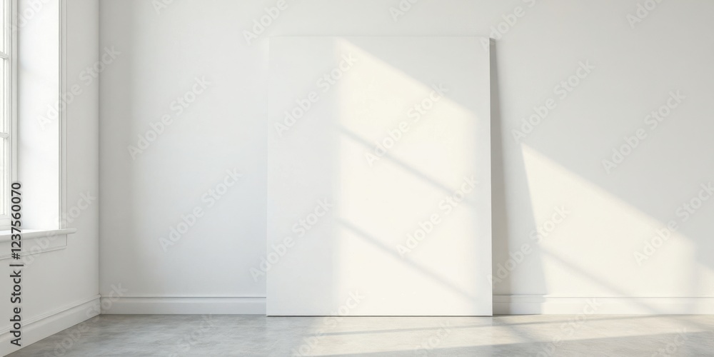 Fototapeta premium Minimalist Interior Blank Canvas Against White Wall with Sunlight Streaming Through Window