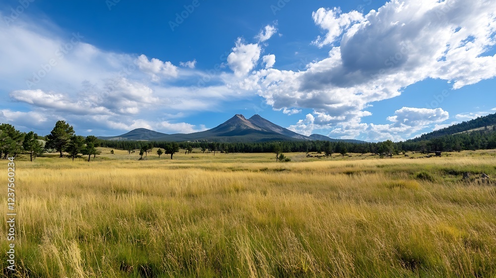Fototapeta premium Scenic View of Mountainous Landscape Under Clear Sky with Lush Green Meadow and Dramatic Cloud Formation : Generative AI