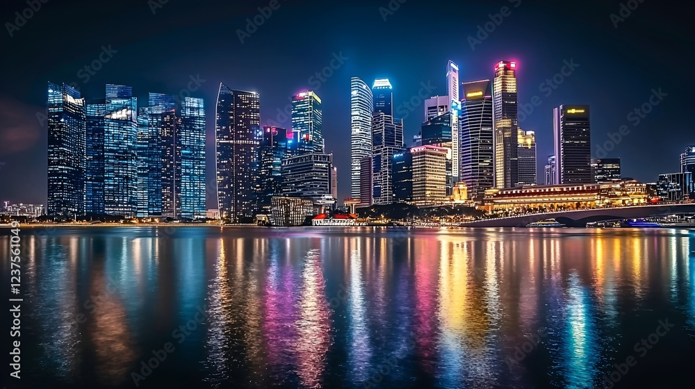 Obraz premium Night cityscape, vibrant skyline reflection, harbor, urban scene, website banner