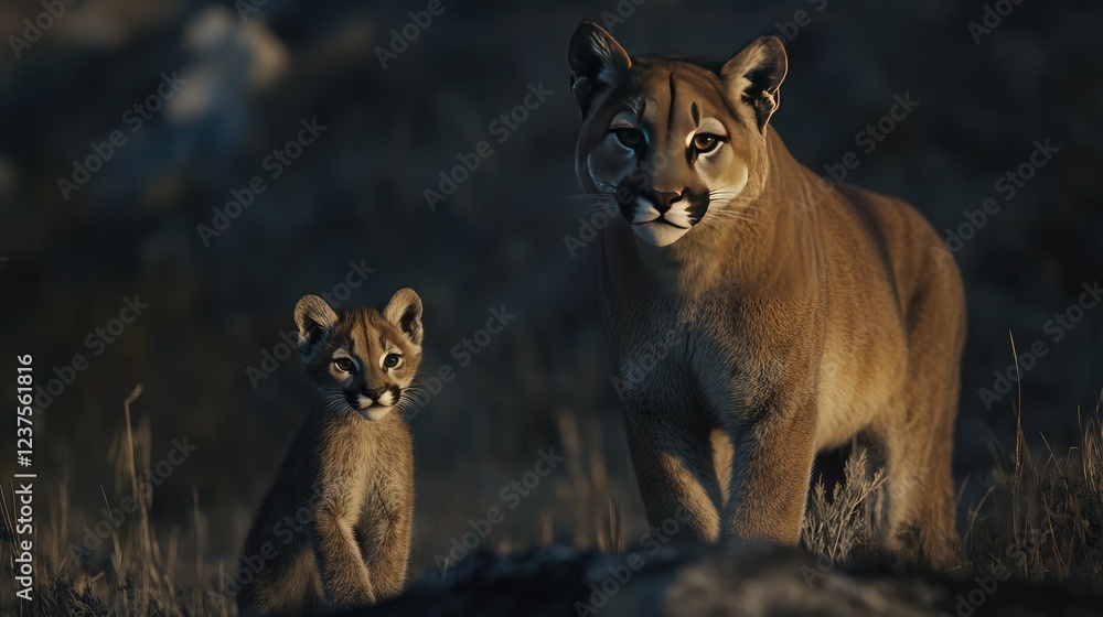 A young mountain lion cub standing beside its mother in the wild. A young mountain lion cub standing beside its mother in the wild.