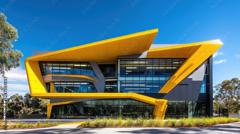 Modern yellow building campus sunny day Modern yellow building campus sunny day