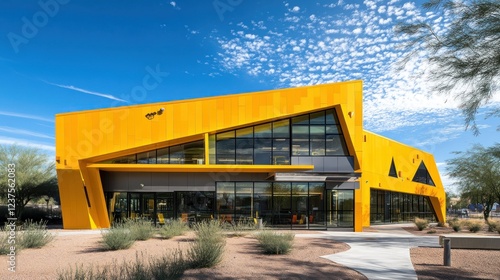 Modern yellow building, sunny day, desert landscape, community center photo