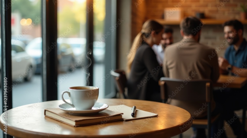 A steaming cup of coffee rests on a notepad and pen, near a wooden table in a cafe, with blurred figures of people in the background enjoying conversation and camaraderie. A steaming cup of coffee rests on a notepad and pen, near a wooden table in a cafe, with blurred figures of people in the background enjoying conversation and camaraderie.