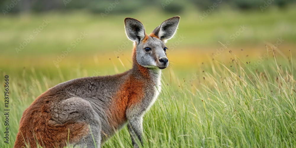 Fototapeta premium A Red-Necked Kangaroo in the Grass, Capturing the Essence of Australian Wildlife