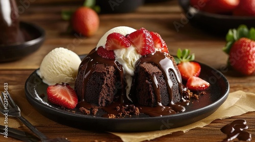 Chocolate lava cake with a melted center, plated with vanilla ice cream, strawberries, and chocolate drizzle. photo