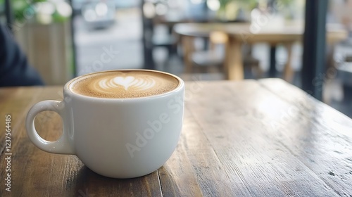 Wallpaper Mural Elegant coffee shop interior featuring cappuccino with latte art on rustic wooden table : Generative AI Torontodigital.ca