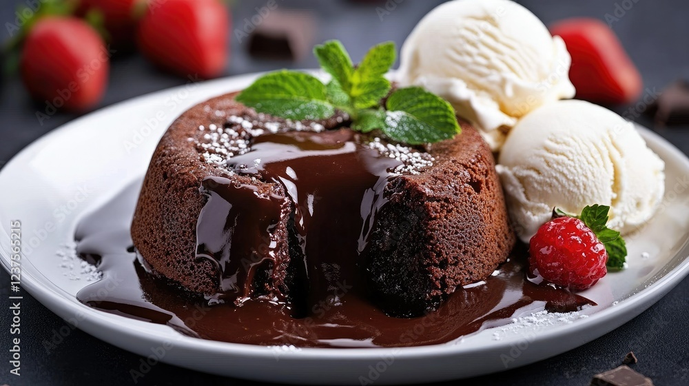 Indulgent chocolate lava cake with warm chocolate sauce flowing out, plated beside ice cream. Indulgent chocolate lava cake with warm chocolate sauce flowing out, plated beside ice cream.
