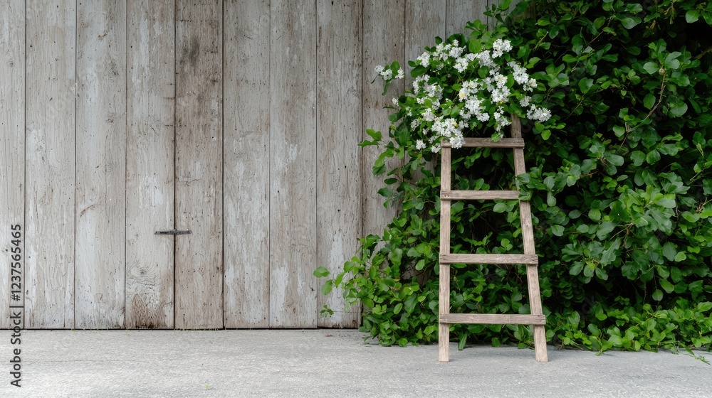 Wooden ladder by flowering vine, rustic barn backdrop Wooden ladder by flowering vine, rustic barn backdrop
