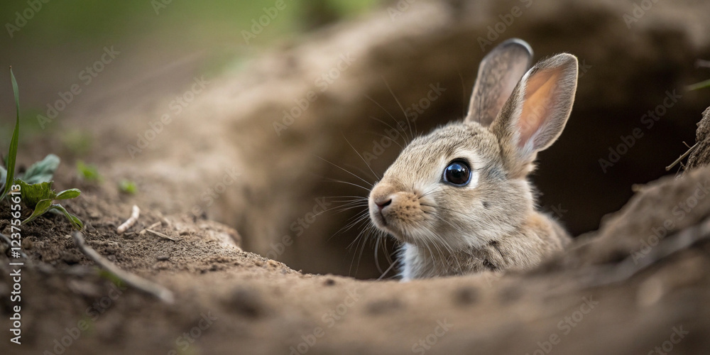 Fototapeta premium Adorable Rabbit in a Hole Captured in Close-Up for Nature Photography