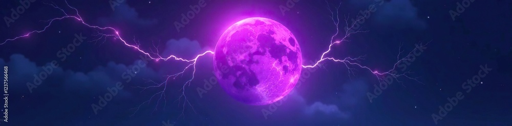 Obraz premium Purple circle is illuminated by striking bolts of lightning in the darkness, light, strike,