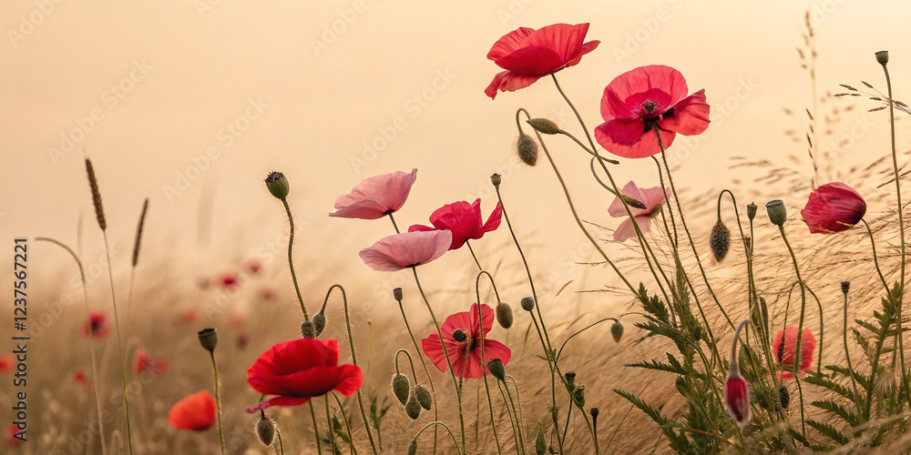 Naklejka premium Beautiful Red and Pink Poppies on a Beige Background for Floral Design