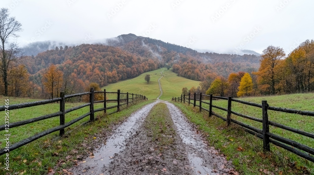 Autumnal Hill Road Foggy Mountain Path