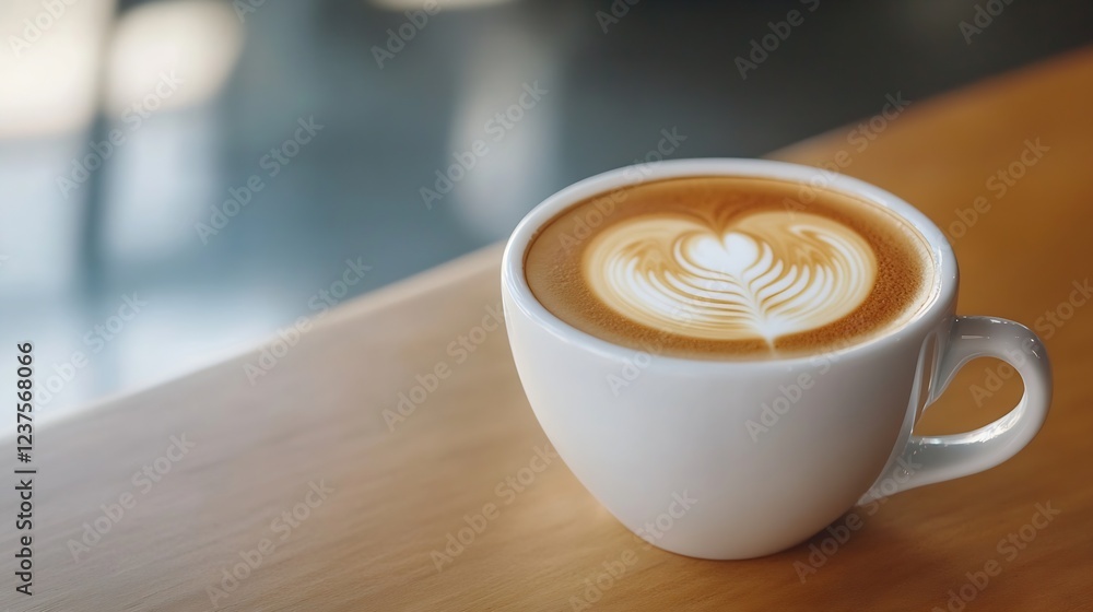 Elegant Cappuccino Cup with Latte Art on Wooden Table Represents a Perfect Coffee Moment : Generative AI Elegant Cappuccino Cup with Latte Art on Wooden Table Represents a Perfect Coffee Moment : Generative AI