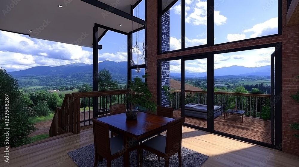 Modern Mountain Home Dining Room with Panoramic View Modern Mountain Home Dining Room with Panoramic View