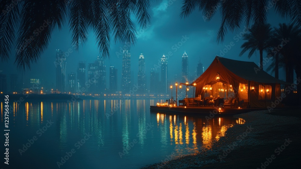 Fototapeta premium Nighttime Serenity: Lakeside Cabin with City Skyline