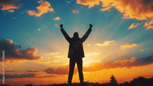 A successful man celebrating with arms raised concept of empowerment and achievement