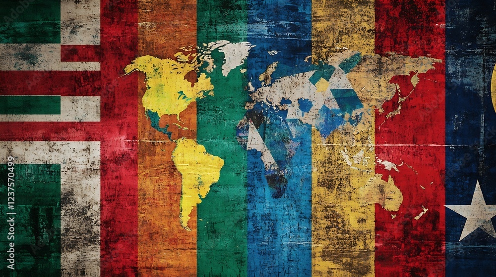 Fototapeta premium Colorful World Map on Weathered Flags Background Symbolizing Global Diversity and Unity : Generative AI