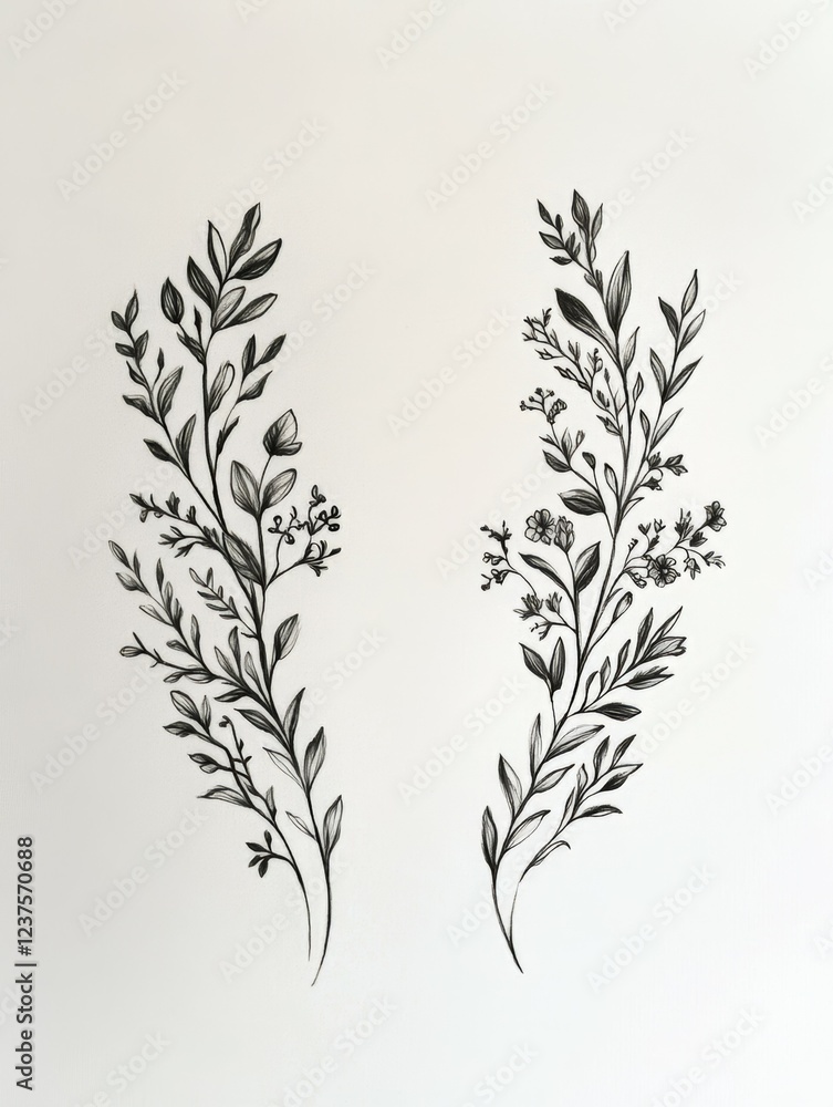 Fototapeta premium Symmetrical Floral Illustration: A Delicate Black-and-White Artwork Featuring Two Mirrored Flowers with Intricate Leaves, Showcasing Elegance and Minimalistic Beauty in a Hand-Drawn Style