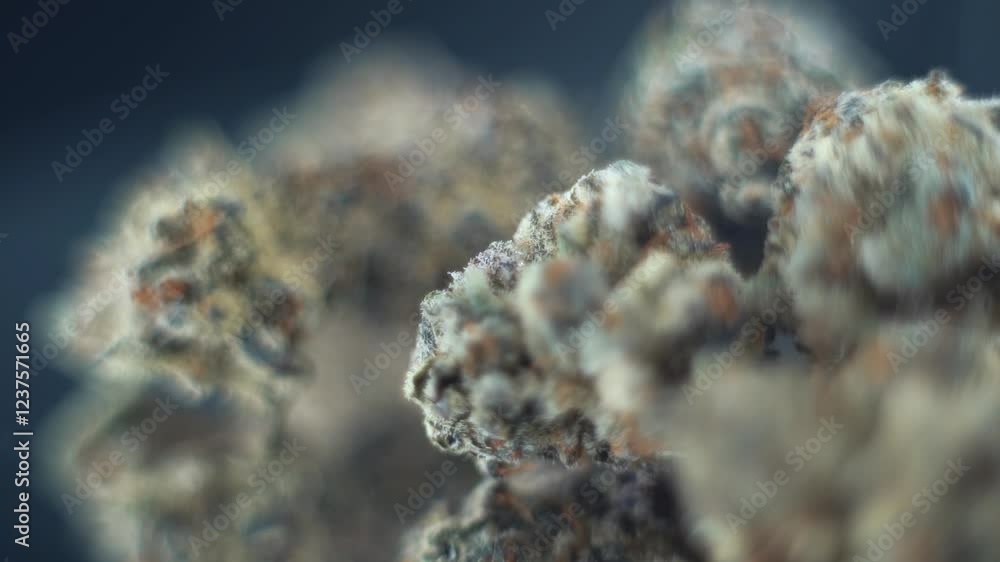Macro zoom in cannabis weed plant on a rotating stand, natural marijuana purple flower, detailed orange strains, snowy buds, 120 fps smooth movement Macro zoom in cannabis weed plant on a rotating stand, natural marijuana purple flower, detailed orange strains, snowy buds, 120 fps smooth movement
