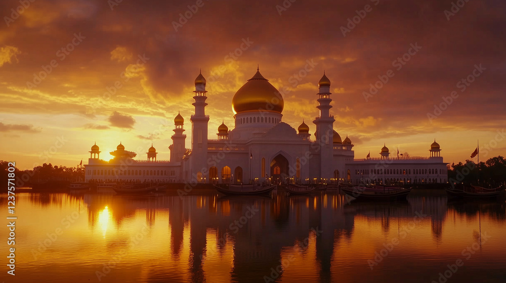 Fototapeta premium Independence Day of Brunei Darussalam. Stunning view of Sultan Omar Ali Saifuddin Mosque in Brunei at sunset