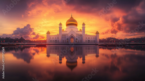 Independence Day of Brunei Darussalam. Stunning view of Sultan Omar Ali Saifuddin Mosque in Brunei at sunset photo