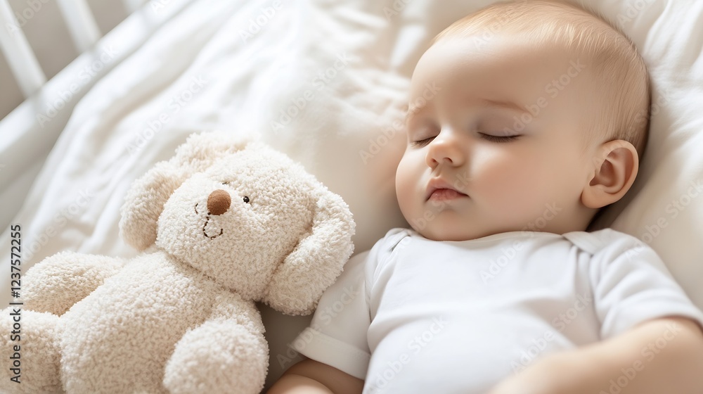 Adorable baby sleeping peacefully with a plush bear in a cozy crib environment : Generative AI Adorable baby sleeping peacefully with a plush bear in a cozy crib environment : Generative AI