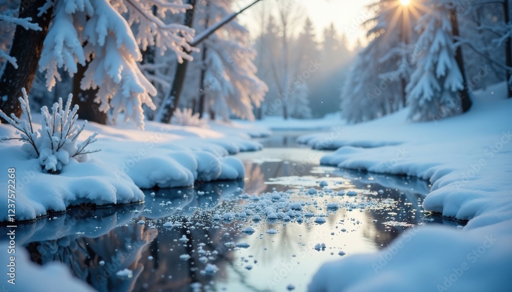 Snowflakes dance in the air around a frozen pond, snowy, pond, ice Snowflakes dance in the air around a frozen pond, snowy, pond, ice