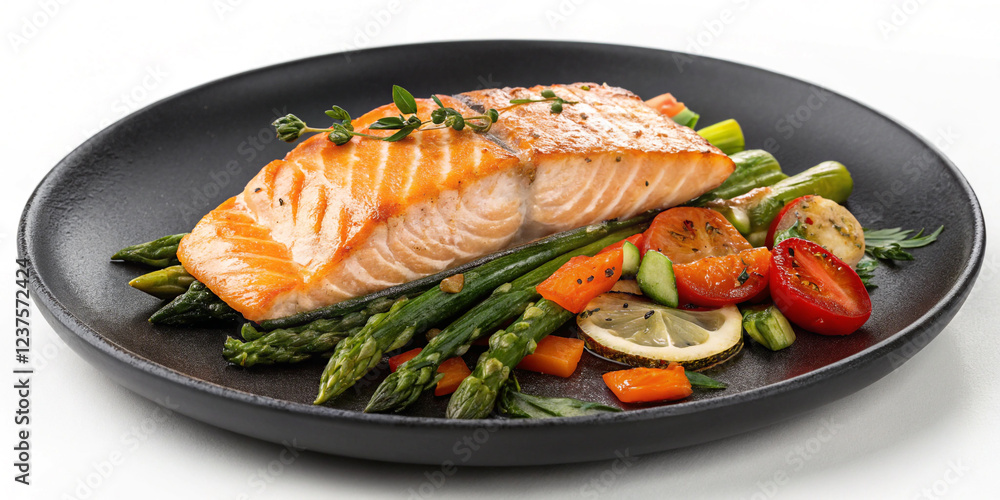 Delicious Salmon Steak with Asparagus and Vegetables on a Black Plate for Gourmet Meals Delicious Salmon Steak with Asparagus and Vegetables on a Black Plate for Gourmet Meals