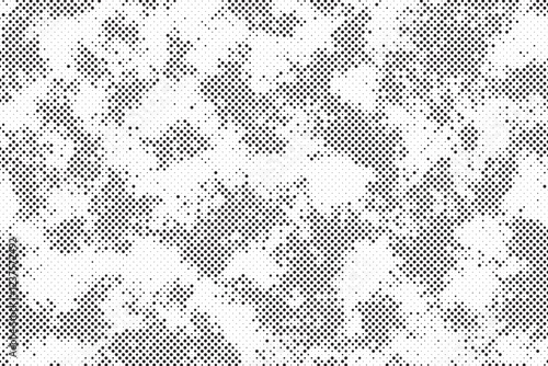 Grunge halftone gradient background. Faded grit noise texture. White and black sandy wallpaper. Retro pixelated backdrop. Anime or manga style comic overlay. Vector graphic design textured template