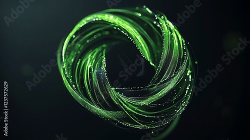 A swirling green abstract design with flowing lines and particles, creating a dynamic and modern visual effect.