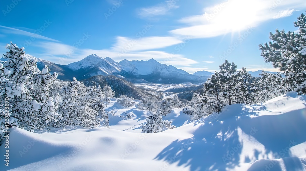 Obraz premium Snow Covered Mountains and Trees in Winter Wonderland Under Bright Sunlight : Generative AI