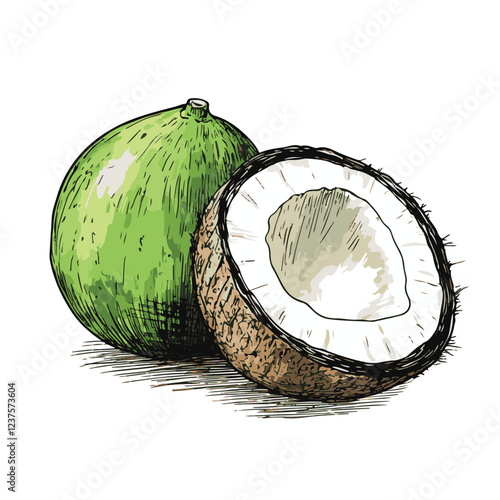 Colorful, black and white Coconuts and coconut half with leaves isolated on a white background Art & Illustration