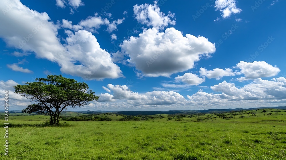 Obraz premium Vast Green Landscape Under Scenic Sky With Solitary Tree and White Clouds : Generative AI