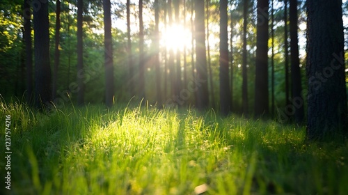 Sunlight Filtering Through Lush Green Forest Trees Creating a Serene and Tranquil Nature Scene : Generative AI photo